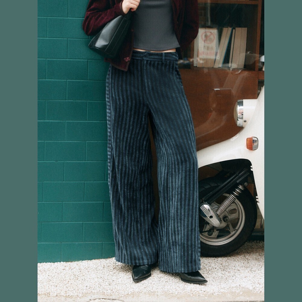 Navy Blue Striped Velvet High Waist Wide Leg Trousers - Picture 2 of 8